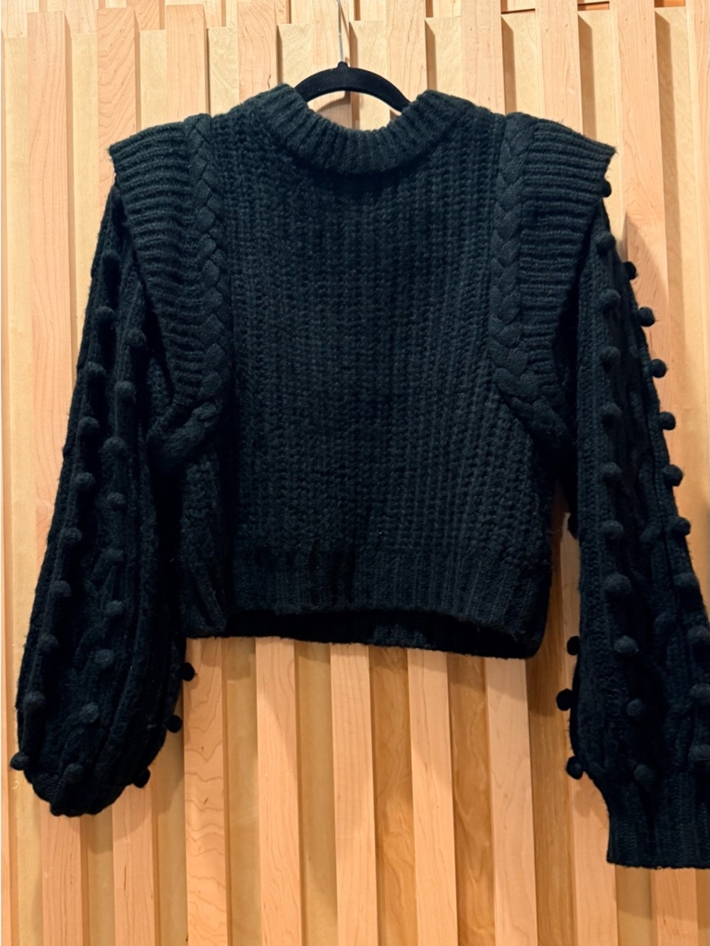 FARM Rio Black Pom-Pom Cable Knit Cropped Turtleneck Sweater